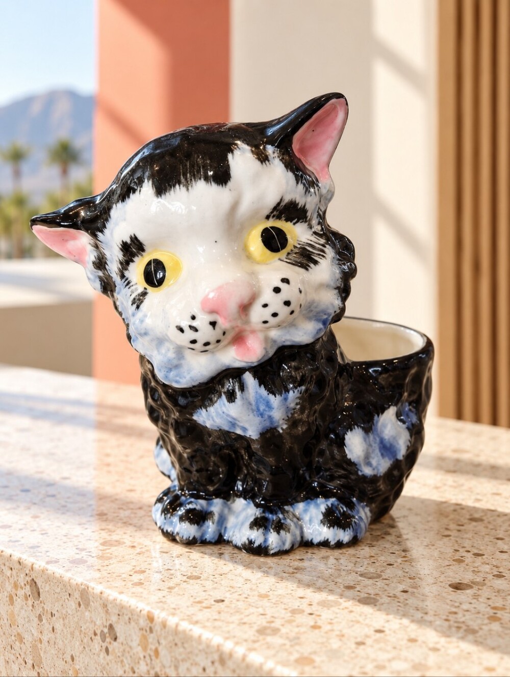 Vintage Mid Century Black White Ceramic Cat Planter Kitsch Kitty 5"